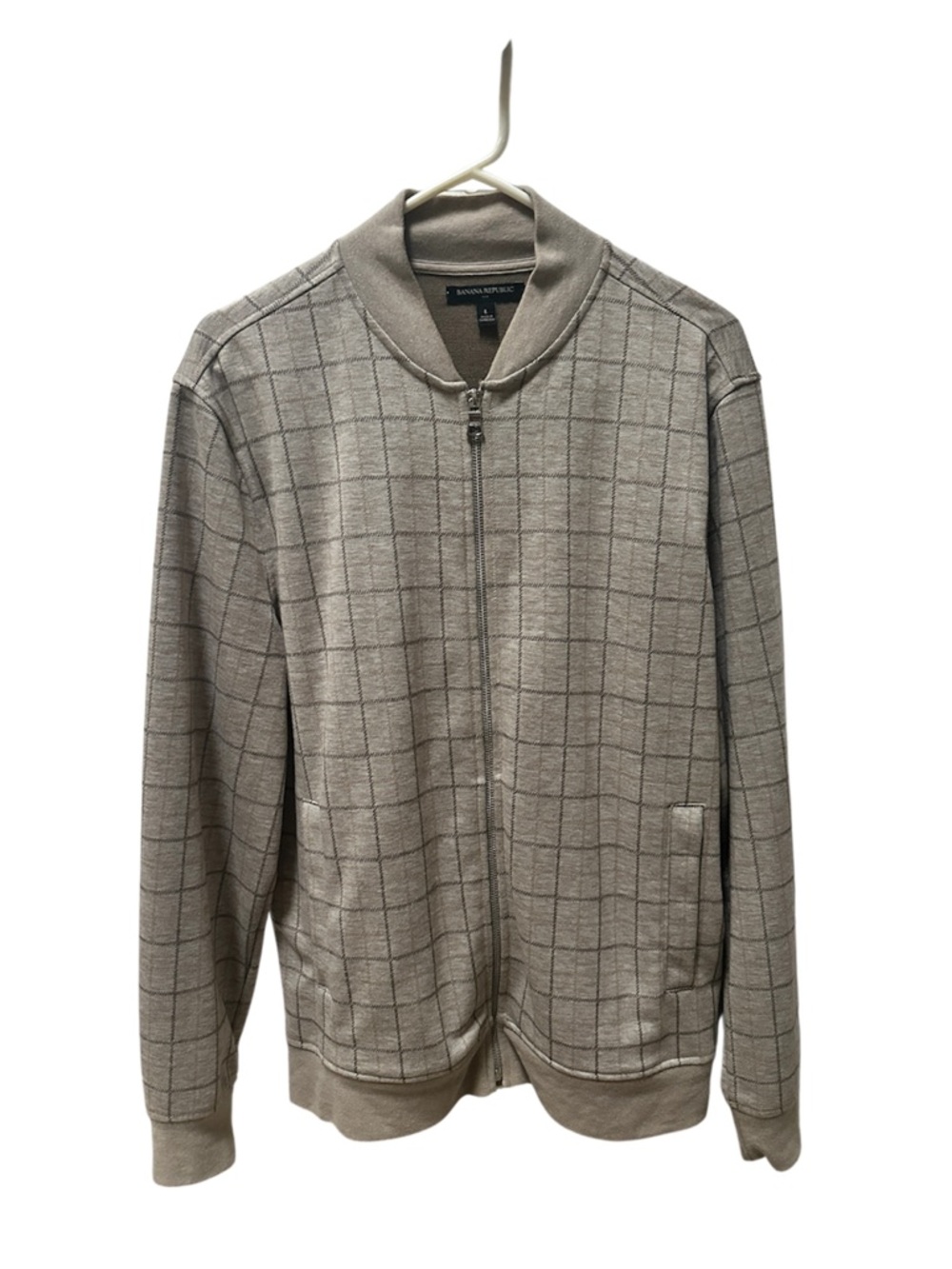Banana Republic Men's Taupe Grid Zip-Up Bomber Sweater